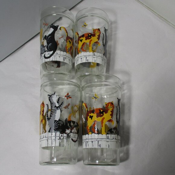 Set of 4 Anchor Hocking Cats on a Fence Playful Kittens Glass Drinking Cups - Picture 6 of 12